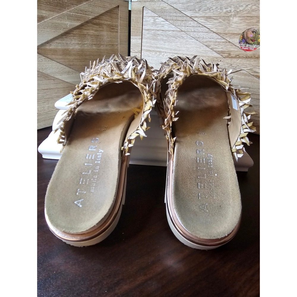 Ateliers Italy Foil Fringe Slides Sandals 6.5 Rose Gold Emery Platform Slipon592 - Picture 4 of 10